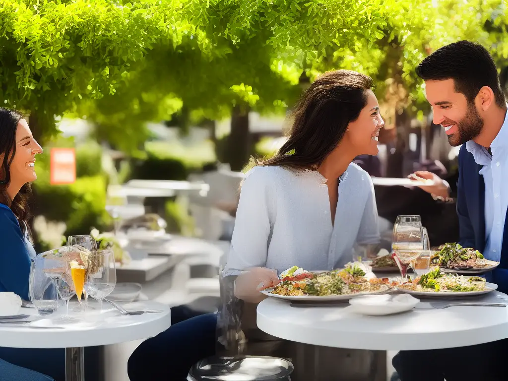 A couple sitting at a table on an outdoor patio, enjoying a variety of dishes from San Diego's diverse culinary scene.