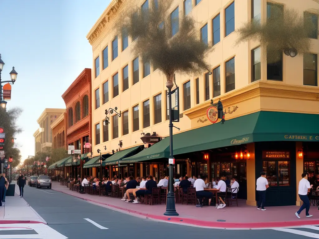 Image of the Gaslamp District in San Diego featuring coffee shops with outdoor seating, streetlights, and pedestrians crossing the street.