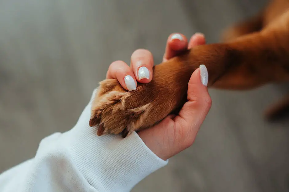 A dog lying peacefully with a comforting hand touching its paw