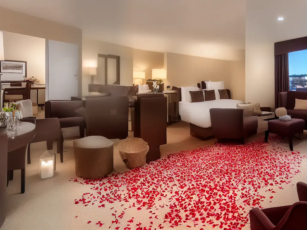 An image of a spacious hotel room with a large Jacuzzi tub in the corner, surrounded by candles and flower petals on the floor.