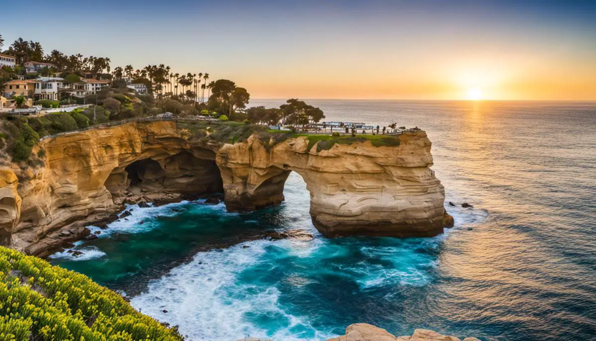 A breathtaking view of La Jolla Cove with clear blue waters and sandstone cliffs.