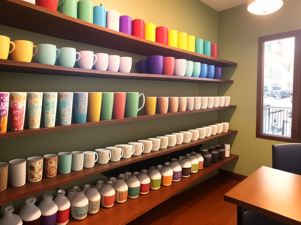 A cozy coffee shop in Little Italy with colorful cups arranged neatly on a shelf.