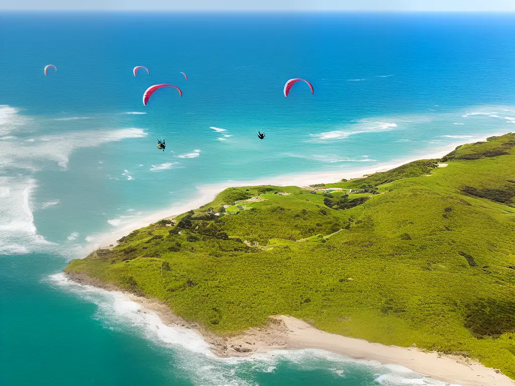 Illustration of Pacific Beach's natural areas with trees, trails, beaches and paraglider in the sky.