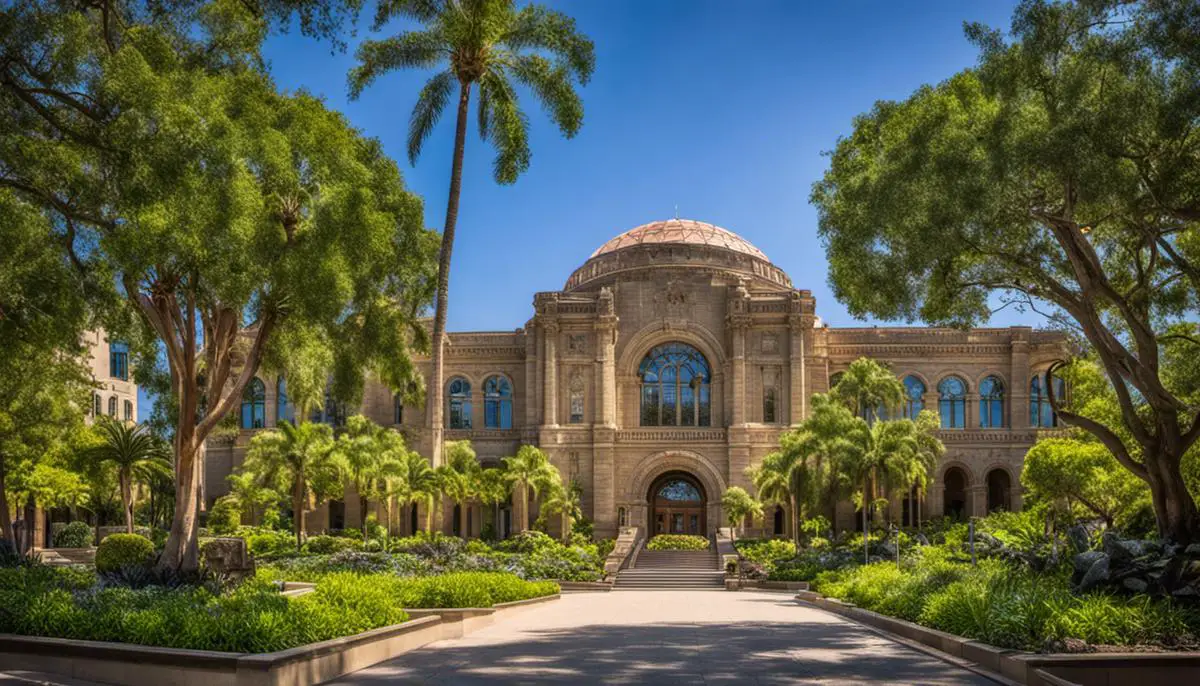 An image of the San Diego Natural History Museum, showing the grand exterior of the building surrounded by lush trees and gardens.