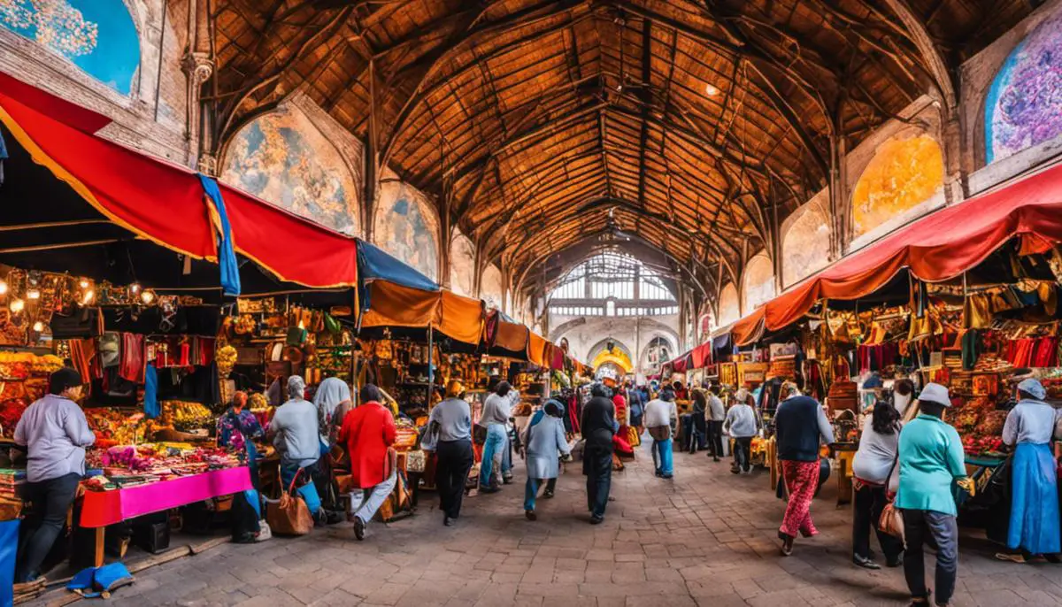 A vibrant marketplace filled with colorful stalls, showcasing a mix of historic and modern items.