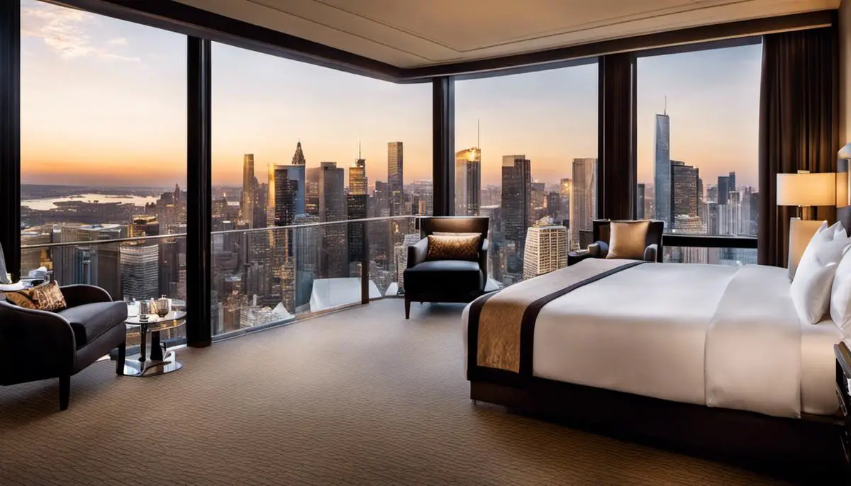 A luxurious hotel room with a city view from the window