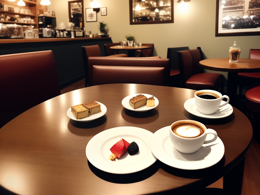 A picture of a table with a plate of desserts and a cup of coffee on it, surrounded by the cozy and charming interior of a cafe in Little Italy.