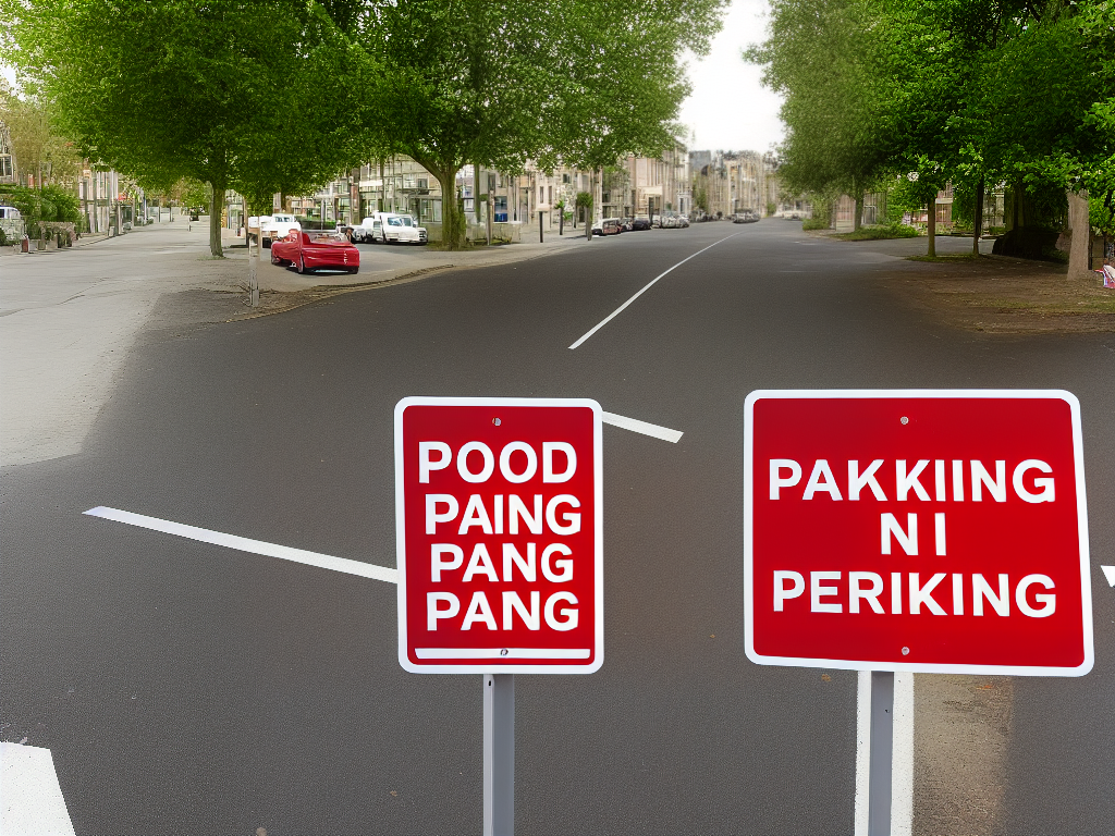 A picture of a parking sign with the words 'No Parking' in bold red letters at the top and additional text below indicating specific parking restrictions.