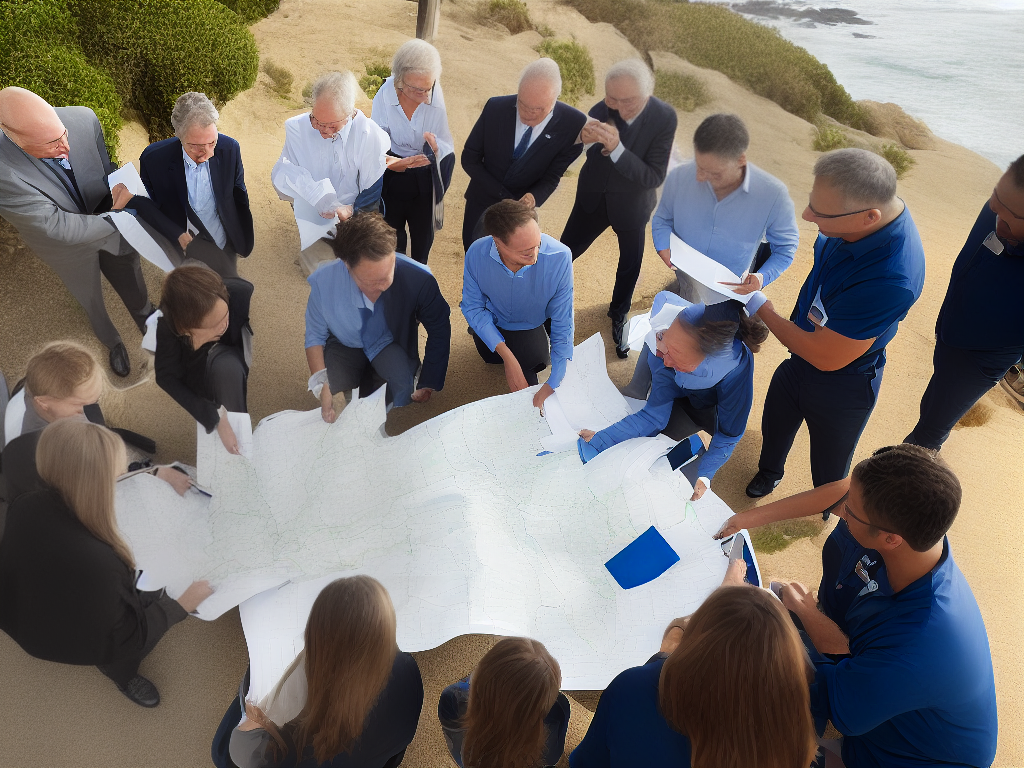 Image of people gathering around a table with a map of parking lots and spots around La Jolla Cove to discuss parking solutions