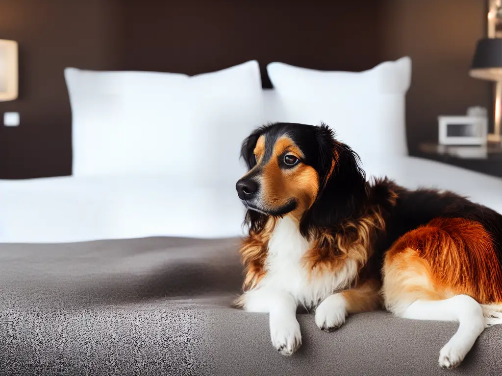 Illustration of a dog sitting on a bed in a hotel room