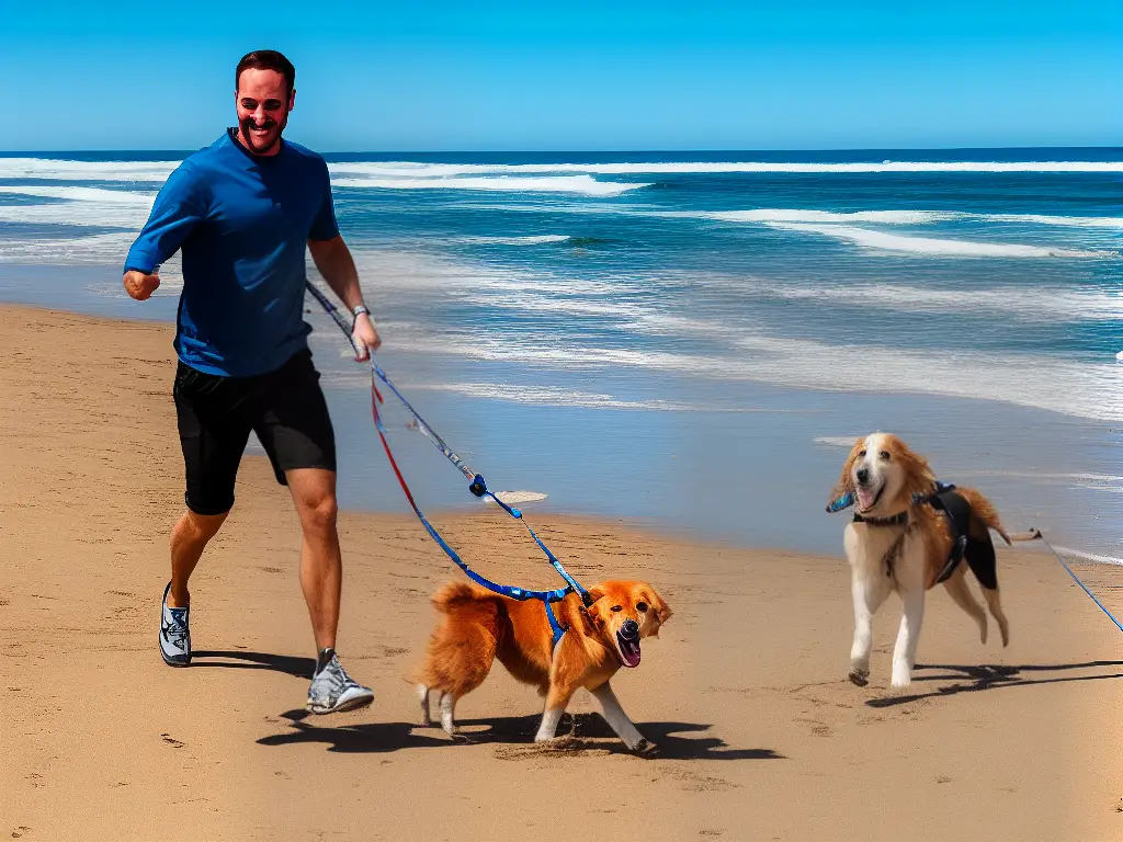 A happy dog on a leash runs on the beach in San Diego with a family in the background.