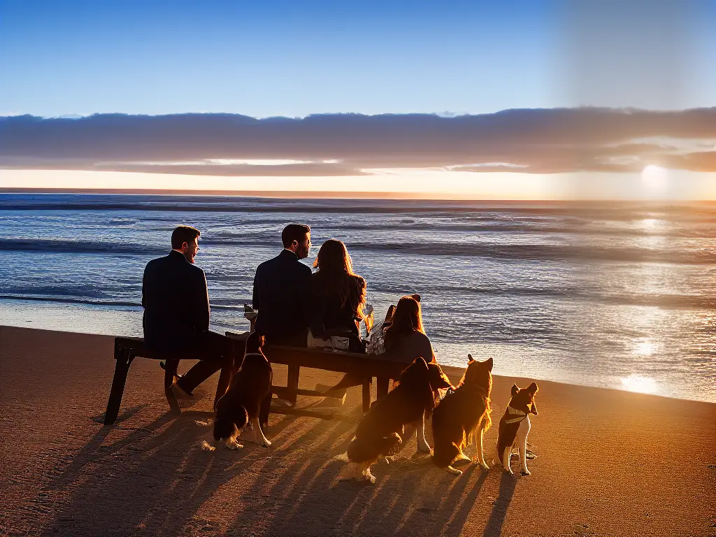 A couple and their dog sitting on the beach at sunset in San Diego