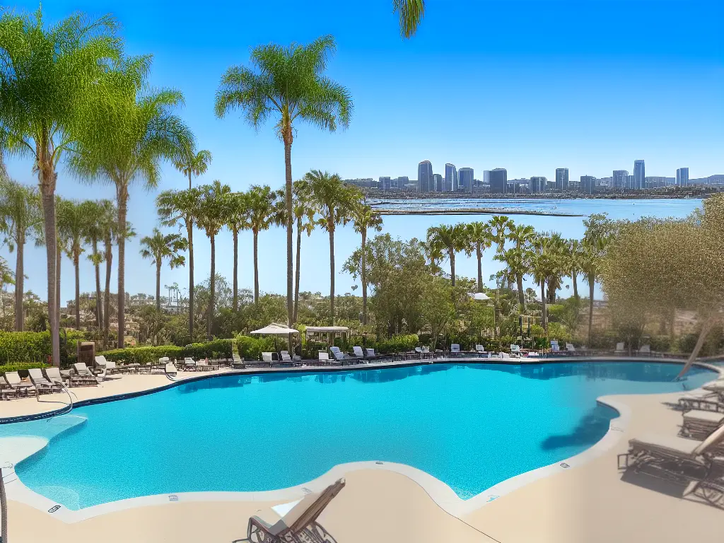 A picture of a luxurious outdoor pool with a view of the San Diego skyline in the background. The water is crystal clear and inviting, with lounge chairs and umbrellas for guests to relax on.