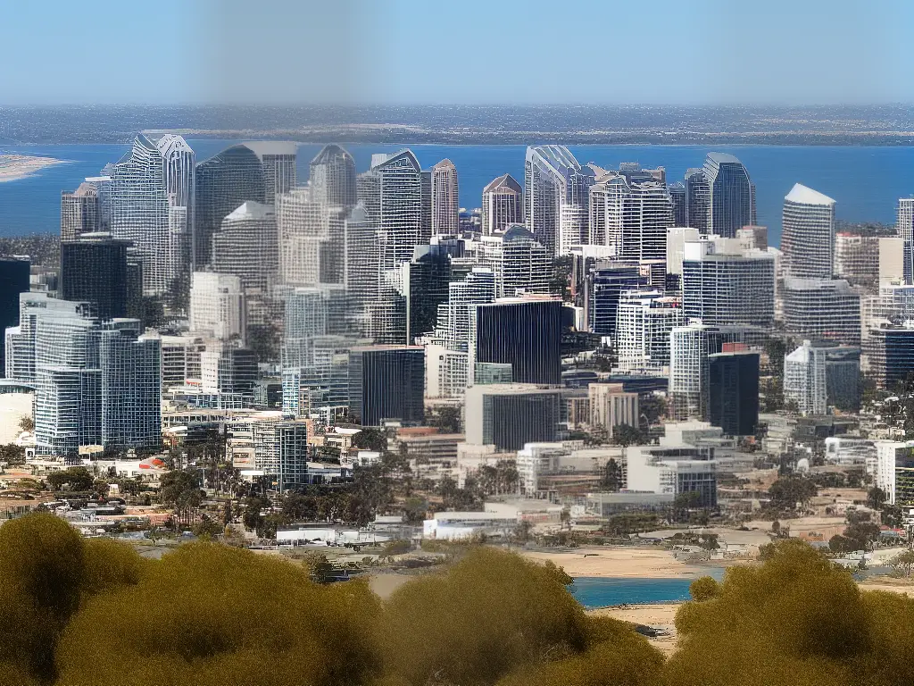 A panoramic view of San Diego's city skyline with various hotels in the foreground.