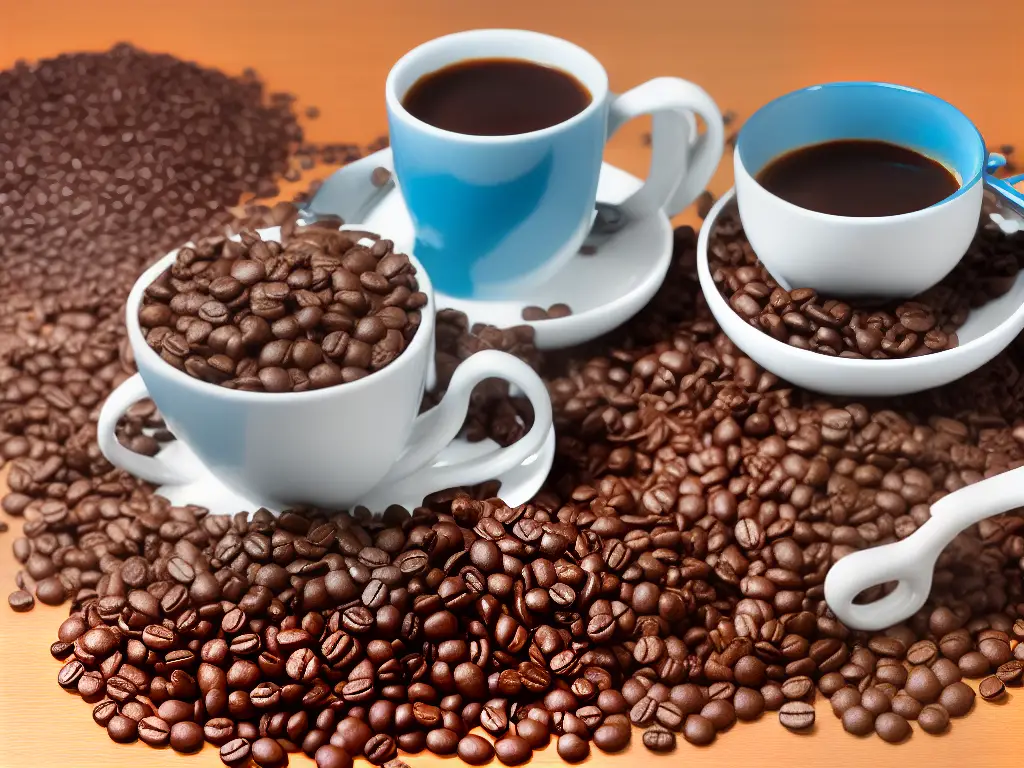 An illustration with a mug of coffee surrounded by different coffee beans of various sizes and colors in the background.