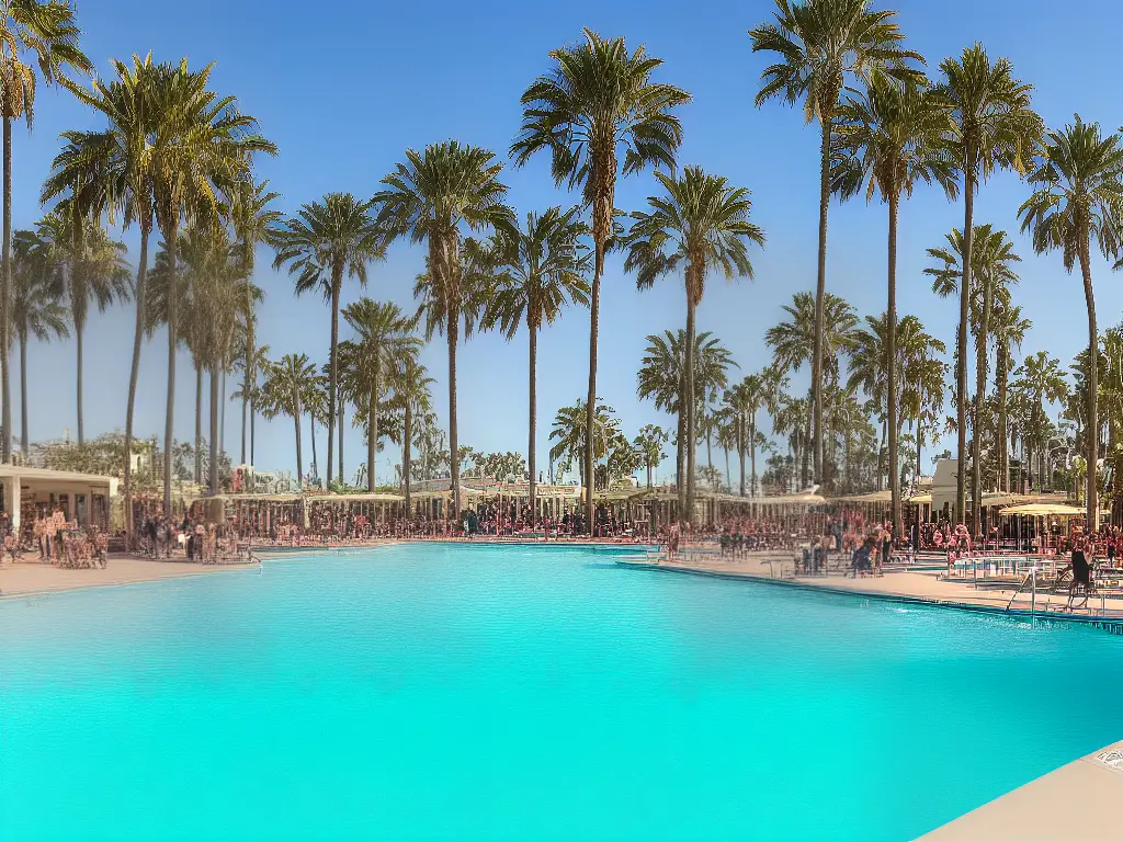 Illustration of people enjoying a heated pool in San Diego with palm trees in the background