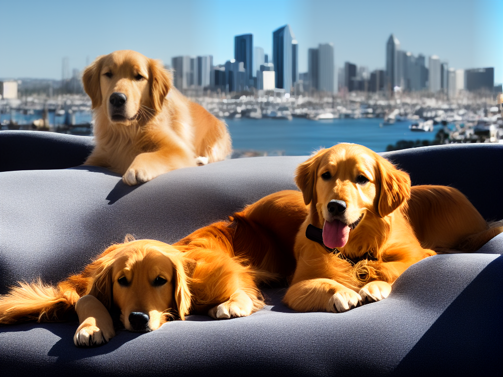 A golden retriever lying on a comfortable bed in a hotel room with a view of San Diego Bay and a high-rise building in the background.