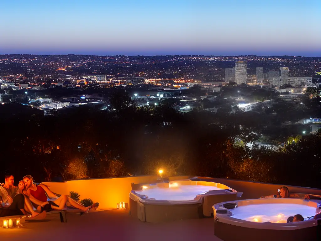 A couple relaxing in a Jacuzzi on a balcony overlooking San Diego's skyline at night.