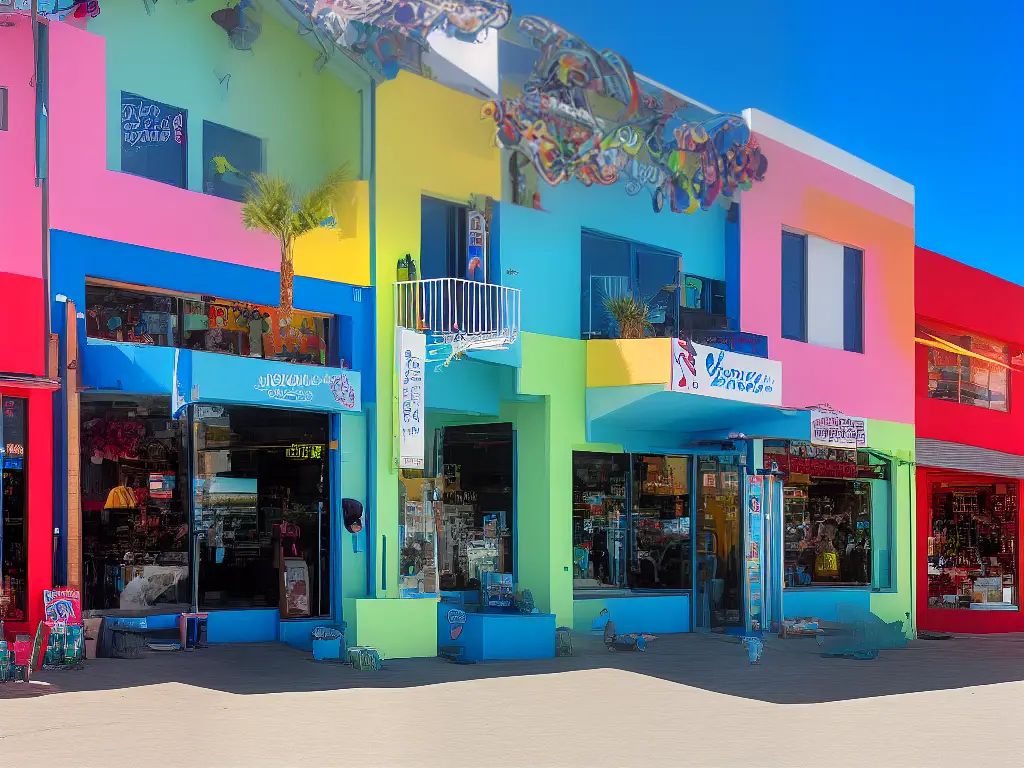 A colorful storefront in Pacific Beach with a surfboard hanging on the side.