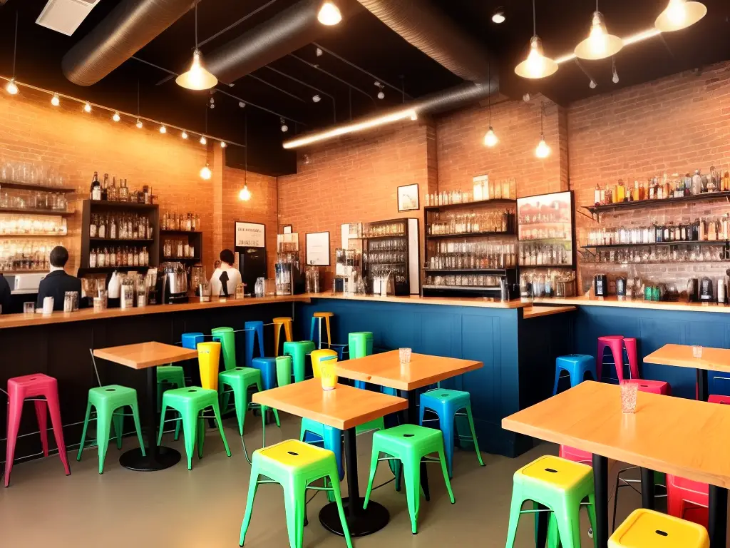 Example image of signature drinks in Gaslamp District coffee shops. There are five different drinks in colorful cups, each with their own unique toppings and decorations. The background is a coffee shop setting with tables, chairs, and people in the background.