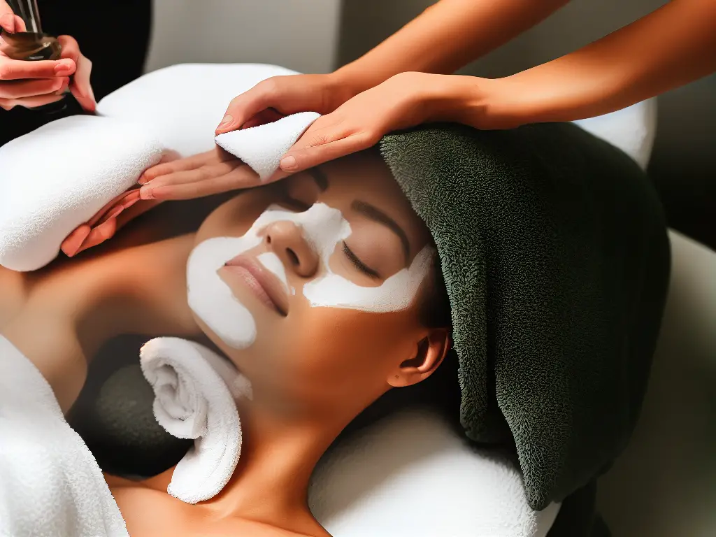 A picture of a woman lying down, getting a facial at a luxurious hotel spa.
