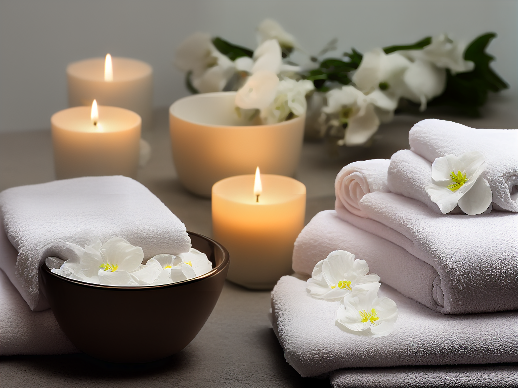 A relaxing spa environment with candles, towels, and a bowl of water with petals