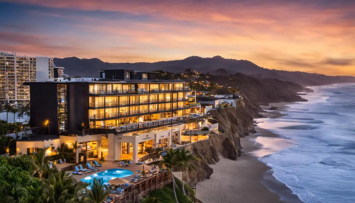 A breathtaking view of the Surfer Beach Hotel overlooking the vast Pacific Ocean