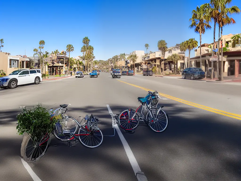 An image of a trolley and a bicycle on a bike-friendly street near San Diego's coastline.