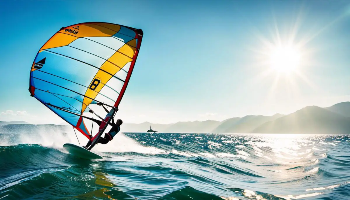 A colorful image showing a person windsurfing on a sunny day with a clear blue sky and calm waters.